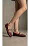 Women's Burgundy Buckled Woven Patterned Mary Janes Ballet Flats 1 cm BYNDBTG01 - 5