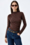 Women's Brown Draped Turtleneck Long Sleeve Crop Blouse
