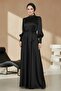 Black Satin Evening Dress - Belted, Model 1136 - 6