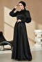 Black Satin Evening Dress - Belted, Model 1136 - 4