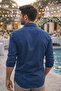 Men's Indigo Blue Long Sleeve Shirt Plain Without Pockets Wide Cut - 3