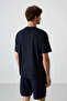 Navy Blue Cotton Thick Surface Textured Oversize Fit Printed Men's T-Shirt - 88365 - 5