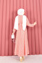 Lace Textured Portable Belted Hijab Dress Powder - 8