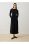 Sandy Fabric Hijab Dress with Corset Detail at the Waist - Black - - 4