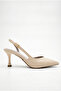 Women's Beige Leather-Look Asymmetrical Strap Pointed Toe Thin Heeled Shoes
