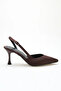 Women's Bitter Brown Satin Design Asymmetrical Strap Pointed Toe Thin Casual Heeled Shoes - 2