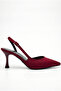 Women's Burgundy Satin Design Asymmetrical Strap Pointed Toe Thin Casual Heeled Shoes - 2