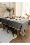 Premium Linen Smoked Color Brown Striped Pompom Tablecloth - 2