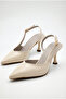 Women's Beige Leather-Look Asymmetrical Strap Pointed Toe Thin Heeled Shoes - 4
