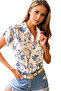 Women's Blue Floral Patterned White Summer Bat Short Sleeve Shirt - 7
