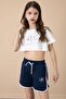 Navy Blue Side Slit Flower Printed Girl's Shorts with Elastic Waist 20735