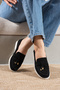 Women's Black Suede Daily Comfortable Oxford Casual Calvanized Buckle Short Heeled Loafer Shoes
