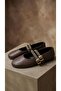 Women's Brown Double-Strapped Leather Ballerinas with Metal Accessory Detail 1cm Byndsk113 - 5