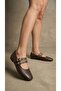 Women's Brown Double-Strapped Leather Ballerinas with Metal Accessory Detail 1cm Byndsk113 - 2