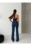 Women's Dark Blue High Waist Cross Belt Detailed Wide Leg Denim Pants - 4