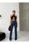 Women's Dark Blue High Waist Cross Belt Detailed Wide Leg Denim Pants - 5