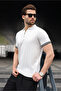 Men's White Polo Collar Zippered T-Shirt 6876