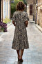 Cream Leaf Patterned Ruffled Skirt Summer Jersey Cotton Dress - 3