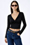 Women's Black Double-Breasted Knot Detail Crop Blouse - 2