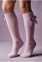 Girls' Ribbed Lilac Knee-Length School Socks with Ribbon Bow - 3