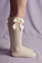 Girls' Ribbon Bow Ribbed Ecru Knee-Length School Socks - 5