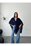Women's Navy Blue Front Detailed Poncho Cardigan