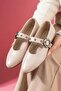 Allegra Beige Wrinkled Patent Leather Ballerinas with Nickel Ring Buckle Belt Band