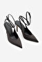 Women's Stiletto Pointed Toe Ankle Strap Open Back Classic Heeled Shoes Gisan Black Satin