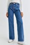 Medium Blue Stretch Fabric Super High-Waist Loose Jeans Palazzo Pants. (SUPER HIGH) Wide Leg