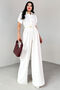 Elb-01795 White Belted Shirt Collar Pleated Polyviscon Jumpsuit