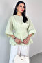 Blz-06285 Mint Green Round Neck Double Sleeve Side Zipper Pleated Blouse