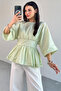 Blz-06285 Mint Green Round Neck Double Sleeve Side Zipper Pleated Blouse - 4