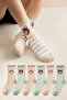 Women's Green Striped Teddy Bear Young College Socks 6 Pack 816 Brown-Green