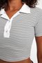 Women's Striped Polo Collar Crop Blouse Stretchy Fabric Black White Short Sleeve Blouse - 9