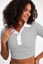 Women's Striped Polo Collar Crop Blouse Stretchy Fabric Black White Short Sleeve Blouse - 7