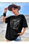 Smile Face T-Shirt - Black Printed Crew Neck Short Sleeve Loose - 4