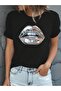 Shiny Lip T-Shirt - Black Printed Oversize Crew Neck Short Sleeve Loose Fit