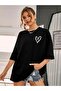 Minimal Heart Pattern T-Shirt - Black Printed Oversize Crew Neck Short Sleeve Loose Fit