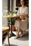 Belted Embroidered Single-Layered Flat-Toe Women's Ballerinas Beige - 5