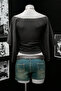Black Madonna Collar Bat Sleeve Plain Y2K Long Sleeve Crop - 2