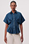 Shirt Collar Short Sleeve Pleated Regular Denim Shirt