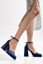 Migo Women's Navy Blue Satin Platform Closed Toe Thick Heeled Shoes - 4