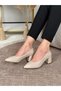 Yelena Women's Cream Pointed Toe Thick Heel Knitted Patterned Stylish Daily Heeled Shoes - 3