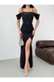 Black Thin Strap Low Sleeve Stone Embellished Evening Dress - 6