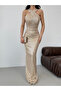 Beige Backless Sequined Long Evening Dress - 5