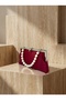 Burgundy Color Satin Soft Leather Metal Stone Pearl Detailed Chain Strap Crystal Stone Women's Evening Dress Bag - 4