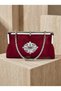 Burgundy Color Satin Soft Leather Metal Stone Pearl Detailed Chain Strap Crystal Stone Women's Evening Dress Bag - 5