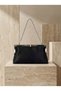 Black Color Satin Soft Leather Metal Stone Pearl Detailed Chain Strap Crystal Stone Women's Evening Dress Bag - 2
