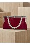Burgundy Color Satin Soft Leather Metal Stone Pearl Detailed Chain Strap Crystal Stone Women's Evening Dress Bag - 5