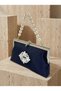 Navy Blue Color Satin Soft Metal Stone Pearl Detailed Chain Strap Crystal Stone Women's Evening Dress Bag - 2